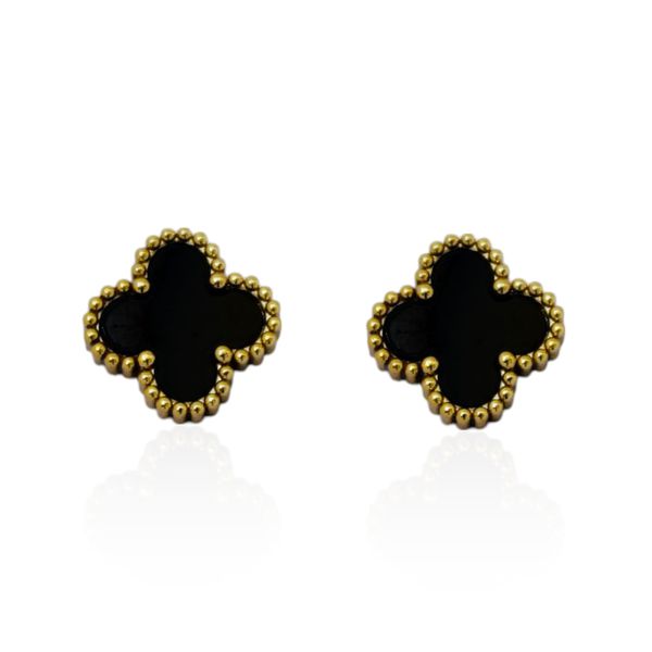 Brinco Trevo Preto Aço Inoxidável Dourado