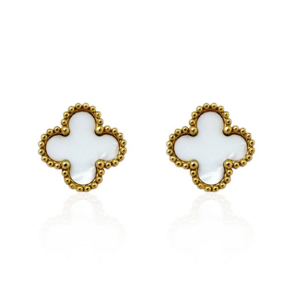 Brinco Trevo Branco Aço Inoxidável Dourado