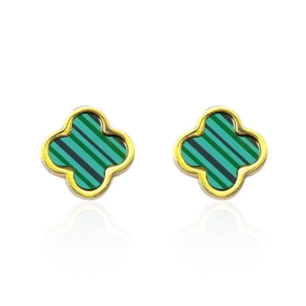 Brinco Trevo Verde Liso Aço Inoxidável Dourado