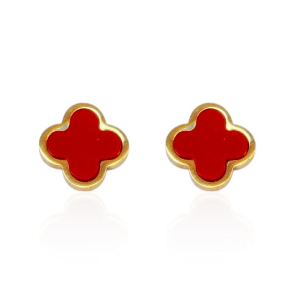 Brinco Trevo Vermelho Liso Aço Inoxidável Dourado