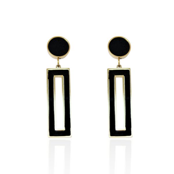 Brinco Retangular Preto Esmaltado Aço Inoxidável Dourado