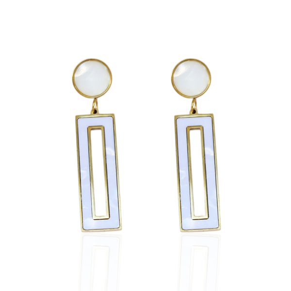 Brinco Retangular Branco Esmaltado Aço Inoxidável Dourado