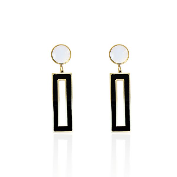 Brinco Retangular Preto e Branco Esmaltado Aço Inoxidável Dourado