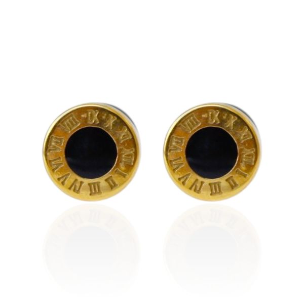 Brinco Redondo Preto com Detalhe Romano P Aço Inoxidável Dourado 