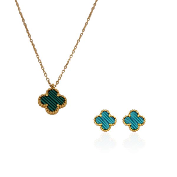 Conjunto Brinco e Colar Trevo Verde Liso Aço Inoxidável Dourado 