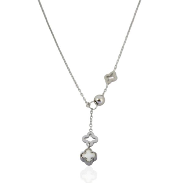 Colar Gravata Com Trevos Branco Aço Inoxidável