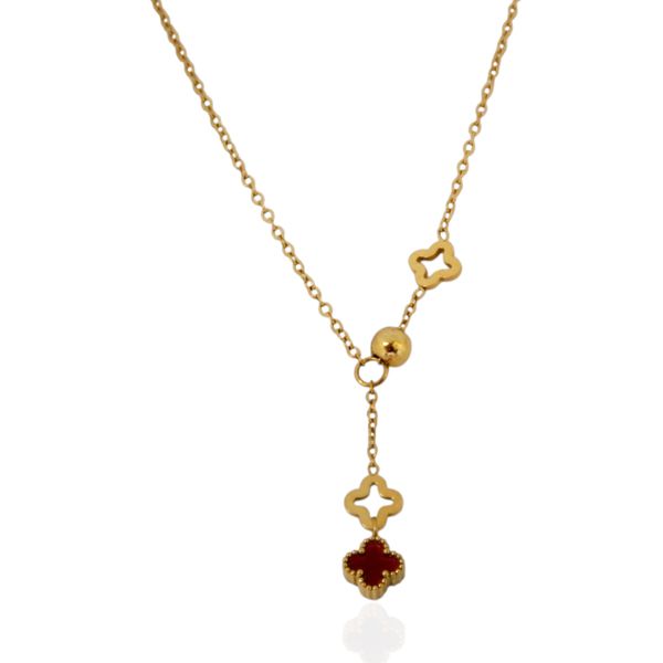 Colar Gravata com Trevos Vermelho Aço Inoxidável Dourado 