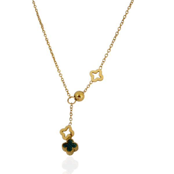 Colar Gravata Com Trevos Verde Aço Inoxidável Dourado