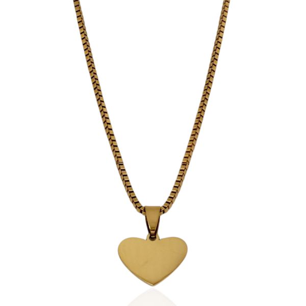 Colar Corrente Box Com Pingente Coração Aço Inoxidável Dourado
