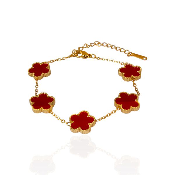 Pulseira Trevo Vermelho Liso Aço Inoxidável Dourado 