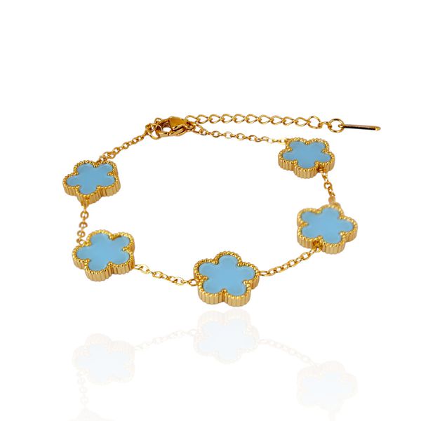 Pulseira Trevo Azul Liso Aço Inoxidável Dourado 