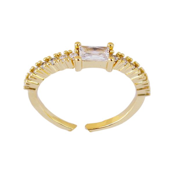 Anel Ajustável Solitário Baguete com Zircônias Semijoia Banho de Ouro 18K