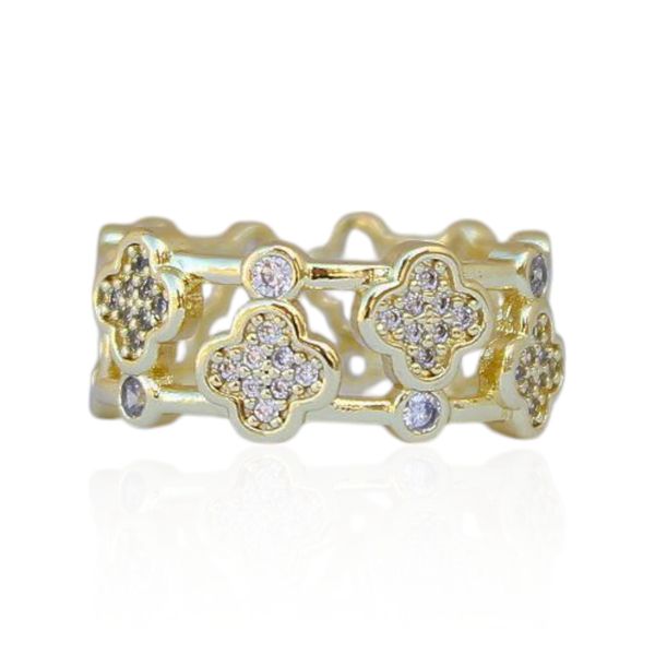Anel Ajustável Trevos Cravejados Semijoia Banho de Ouro 18K