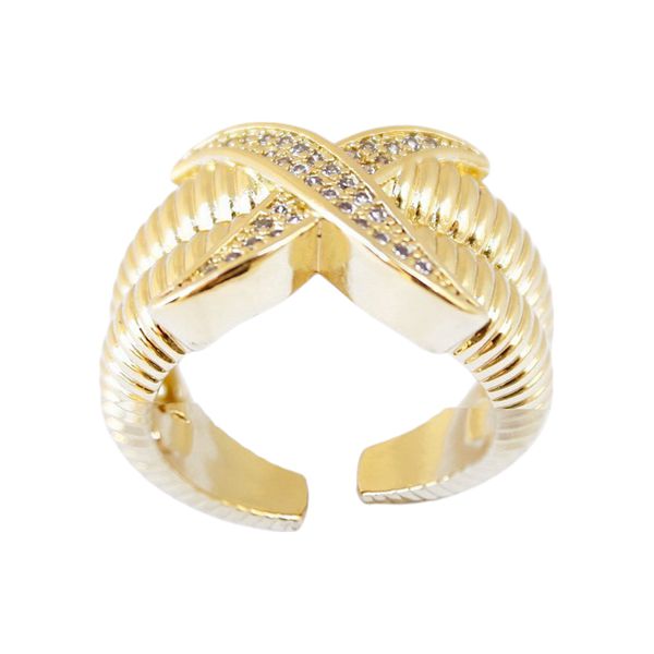 Anel Ajustável Trabalhado com X Cravejado Semijoia Banho de Ouro 18K