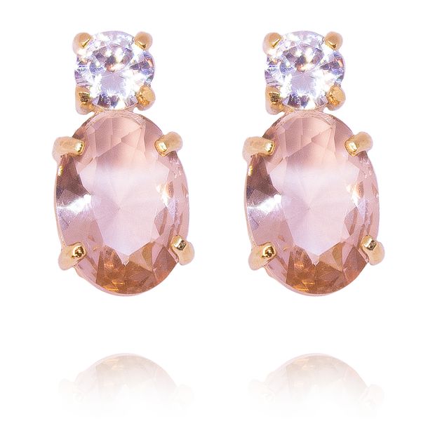 Brinco Oval Zircônia Champagne Com Ponto De Luz Incolor Semijoia Banho De Ouro 18k