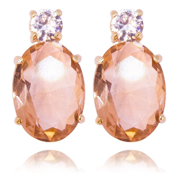 Brinco Ponto De Luz Oval Semijoia Banho De Ouro 18k Zirconia No Cristal Champagne Base Redonda De Zirconia Incolor