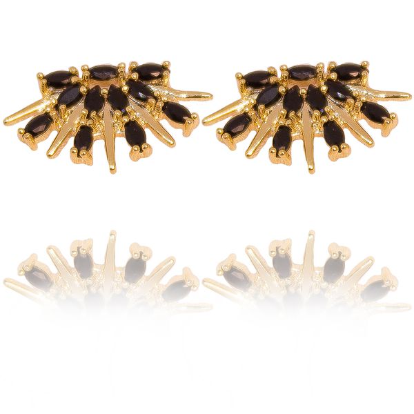 Brinco Ear Cuff Solar Semijoia Banho De Ouro 18k Zircônia Preta