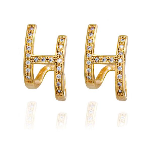 Brinco Ear Cuff Formato H Cravejado Banho de Ouro 18K