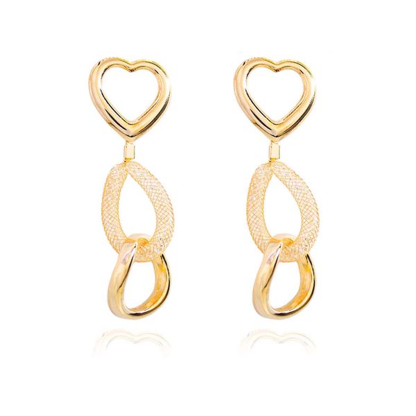 Brinco Pêndulo Malha de Zircônias e Elo com Base Coração Banho de Ouro 18K
