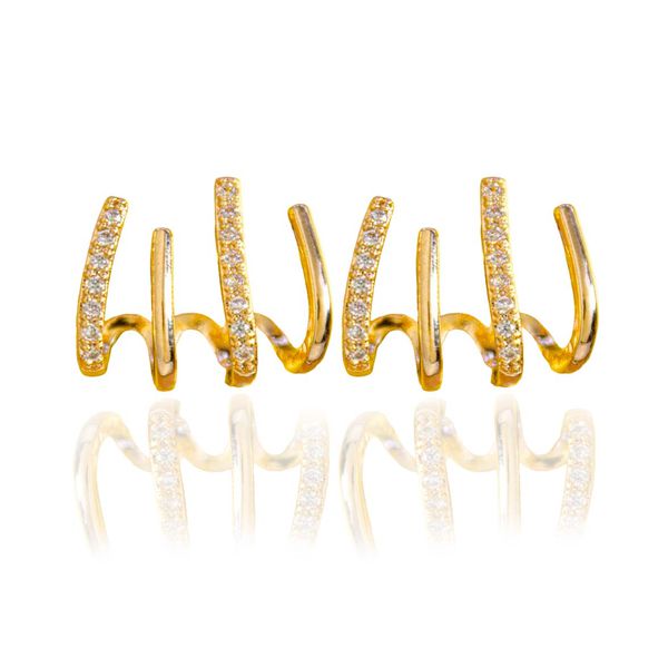 Brinco Ear Cuff Quatro Fios com Zircônia Banho de Ouro 18K