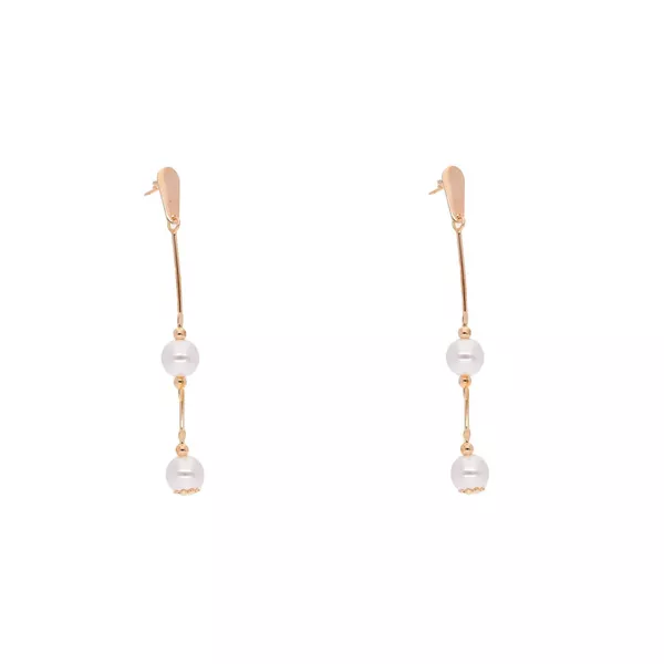 Brinco Longo Palito com Duas Pérolas Semijoia Banho de Ouro 18K 