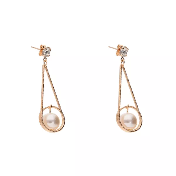 Brinco Gota Vazada Texturizada com Pérola e Zircônia Semijoia Banho de Ouro 18K 