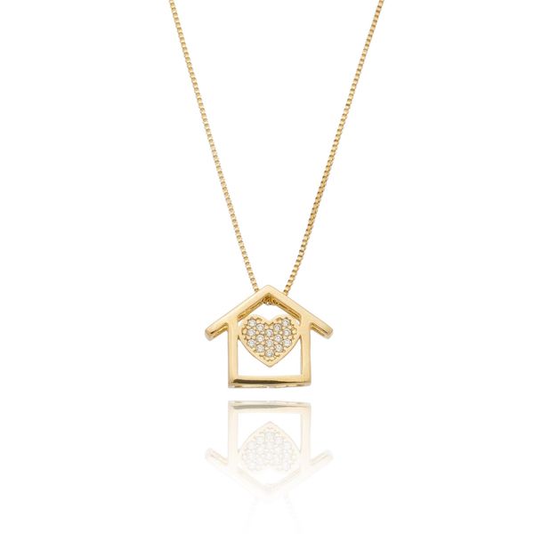 Colar Casa Com Coração De Zircônia Incolor Semijoia Banho De Ouro 18k