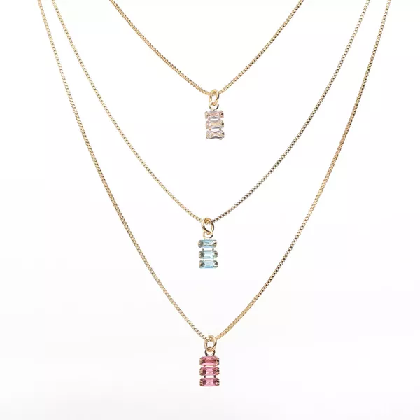 Colar Triplo com Pingentes Riviera Coloridos Semijoia Banho de Ouro 18K