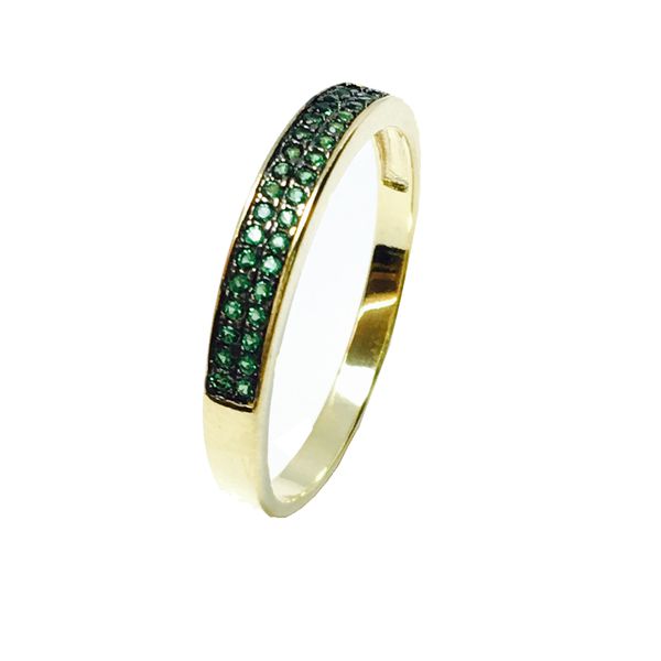 Anel Meia Aliança Semijoia Banho De Ouro 18k Cravação De Zircônia Verde Esmeralda Detalhe Em Ródio Negro