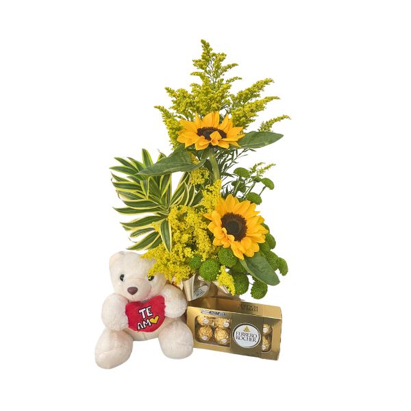 Arranjo Dois Girassóis + Pelúcia e Ferrero Rocher