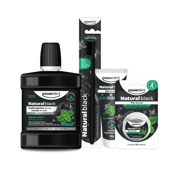KIT NATURAL BLACK: ESCOVA + GEL + ANTISSÉPTICO + FIO DENTAL
