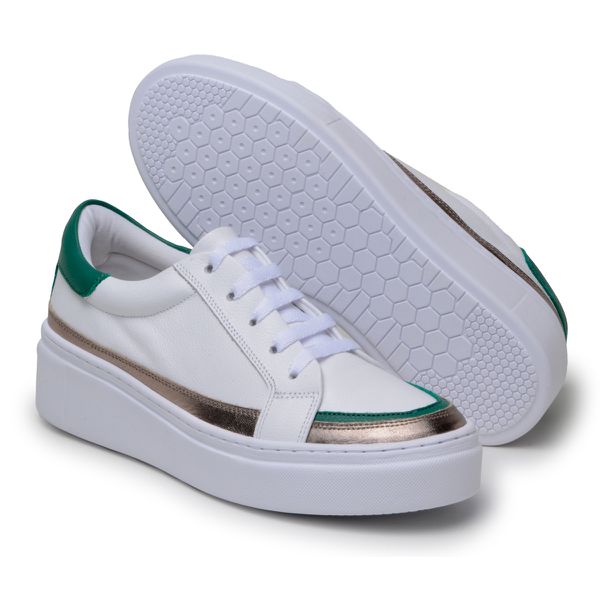 Tênis Casual Couro Premium Fly Branco/Verde/Metalic 7701