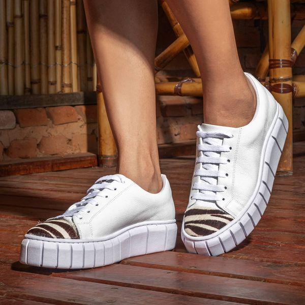 Tênis Casual Couro Premium Cotton Branco/Pelo Zebra 1802