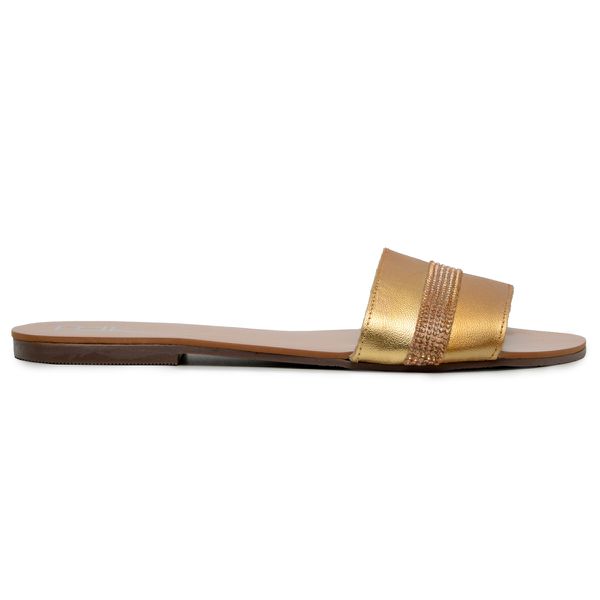 Rasteirinha Couro Premium Metalic Dourado/Strass Faixa Única 021
