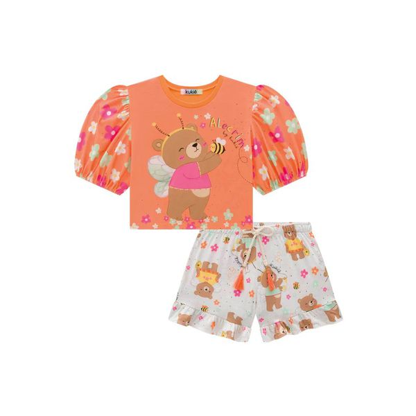 Roupa Infantil Blusa Cropped e Short Em Malha Fresh Manga Bufante
