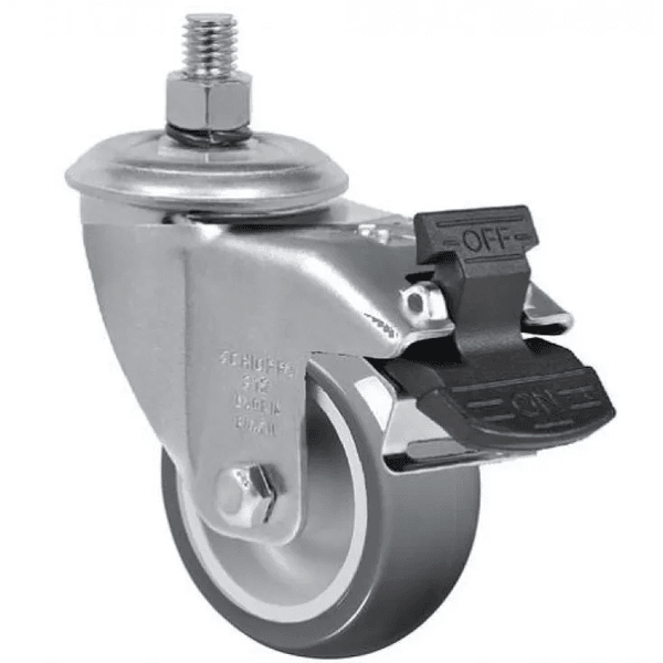 Rodizio Giratório PVC L12 125mm para até 75kg com Freio G e Espiga Roscada 1/2Pol. Schioppa GLE 512 BP G 75KG