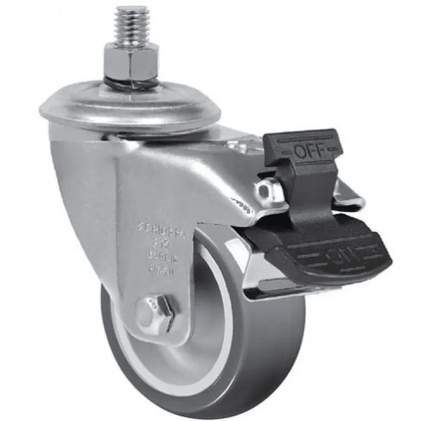 Rodizio Giratório PVC L12 100mm para até 65kg com Freio G e Espiga Roscada 1/2Pol. Schioppa GLE 412 BP G 65KG