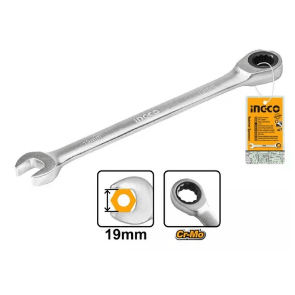 Chave Combinada Com Catraca Ingco 19mm Em Aco Cr-v e Corpo Cromado