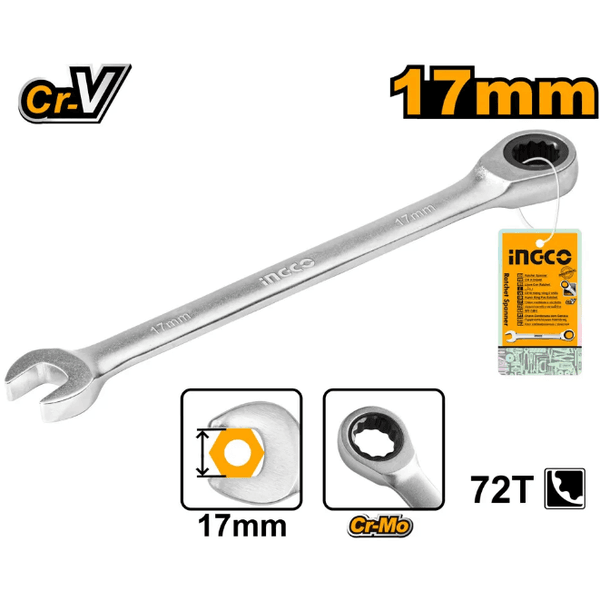 Chave Combinada Com Catraca Ingco 17mm Em Aco Cr-v e Corpo Cromado