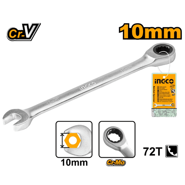 Chave Combinada Com Catraca Ingco 10mm Em Aco Cr-v e Corpo Cromado
