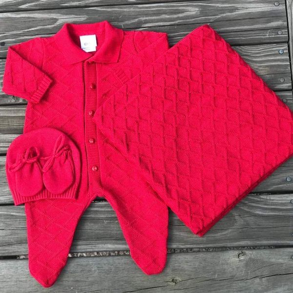 Saída Maternidade Tricot Losango - Vermelho - 04 Peças