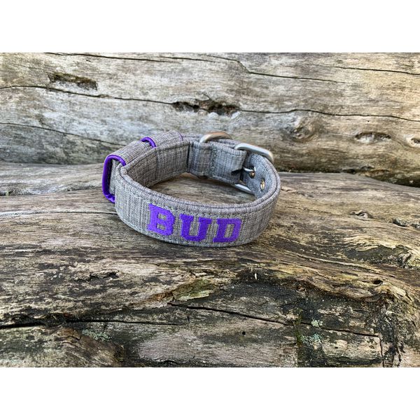 COLEIRA BABY PERSONALIZADA 3cm cinza riscado com nome em roxo