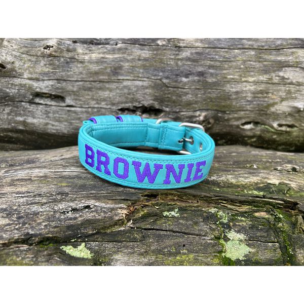 COLEIRA BABY PERSONALIZADA 3cm azul tiffany com nome em roxo
