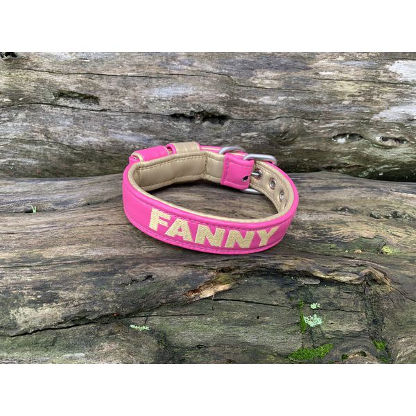 COLEIRA BABY PERSONALIZADA 3cm rosa/dourado com nome em dourado