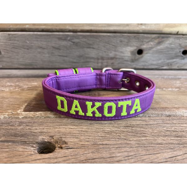 COLEIRA BABY PERSONALIZADA 3cm roxa com nome em verde fluorescente
