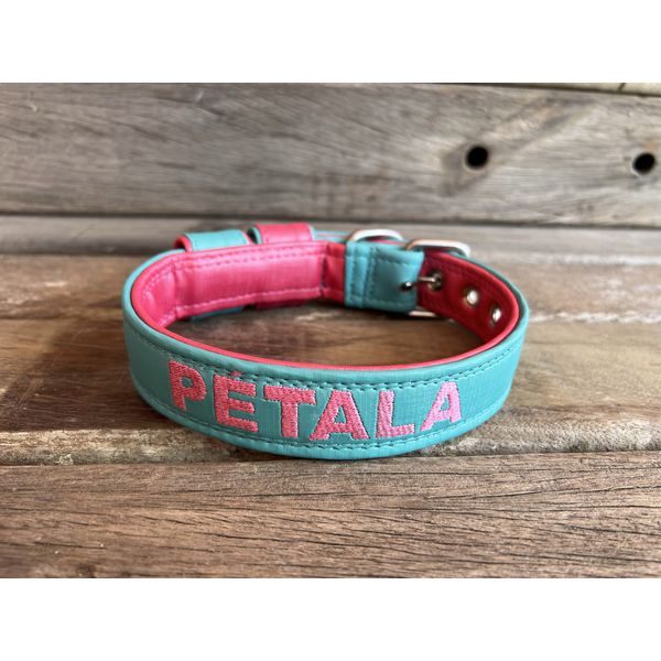 COLEIRA BABY PERSONALIZADA 3cm azul tiffany/rosa com nome em rosa