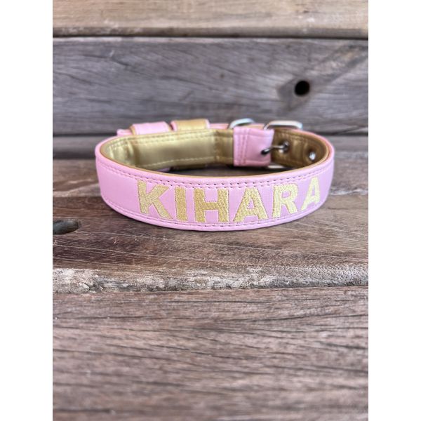 COLEIRA BABY PERSONALIZADA 3cm rosa bebê/dourado com nome em dourado