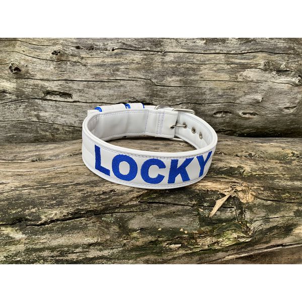 COLEIRA PERSONALIZADA 5cm branca com nome em azul bic