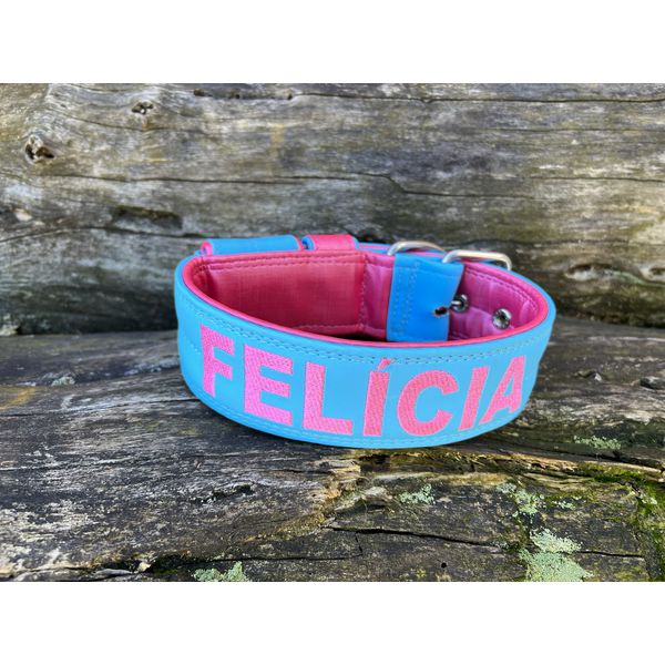 COLEIRA PERSONALIZADA 5cm azul bebê/rosa com nome em rosa