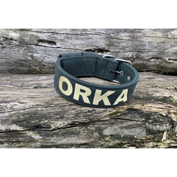 COLEIRA PERSONALIZADA 5cm camurça verde com nome em dourado